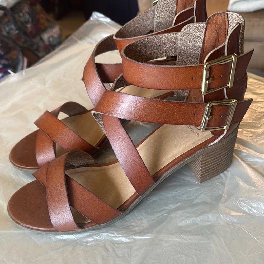 Material Girl Brown Leather Sandals with Block Heel